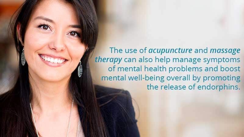 The use of acupuncture and massage therapy can also help manage symptoms of mental health problems and boost mental well-being overall by promoting the release of endorphins.