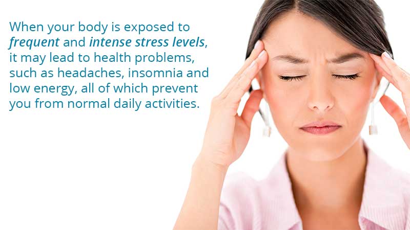 When your body is exposed to frequent and intense stress levels, it may lead to health problems, such as headaches, insomnia and low energy, all of which prevent you from normal daily activities.