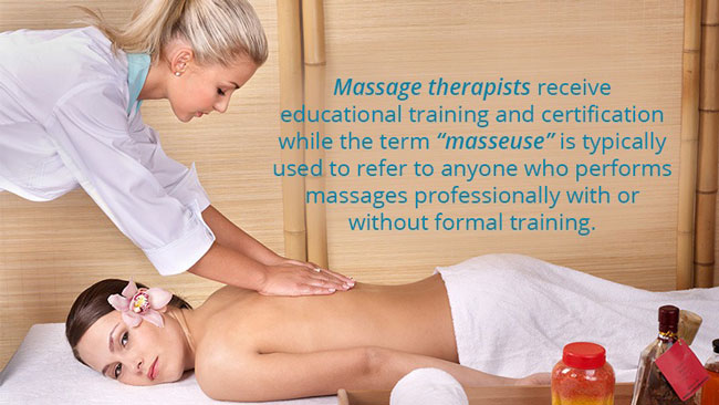 Massage Therapists receive educational training and certification while the term Masseuse is typically used to refer to anyone who performs massages professionally with or without formal training.